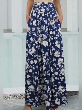 Navy Floral Maxi Boho Skirt with Pockets